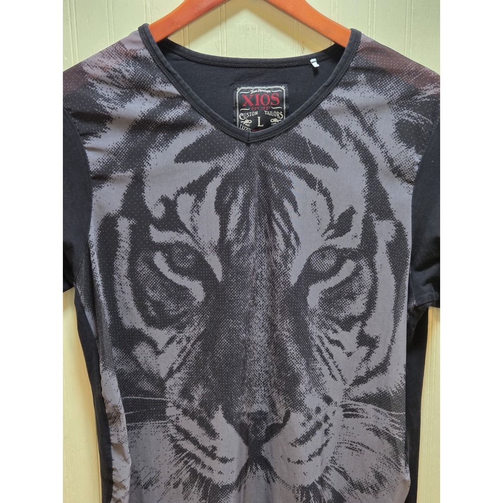 XIOS Shirt Mens Large Black Tiger Face Graphic‎ Tee Short Sleeve Animal Print